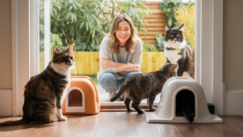 Entrenar a varias mascotas para que utilicen una puerta para gatos